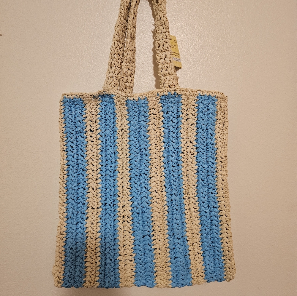Ashland Blue and Cream Woven Tote Bag NWT